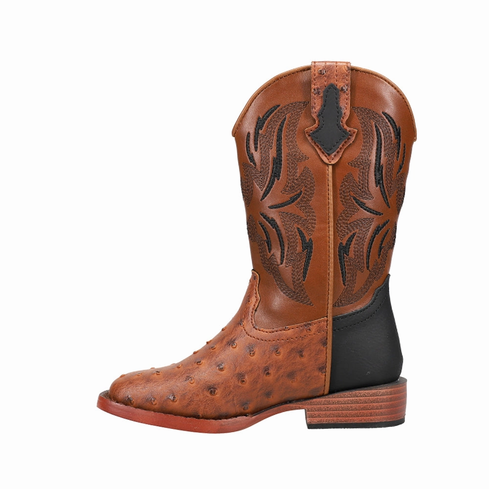 Dalton Printed Ostrich Square Toe Cowboy Boots (Little Kid) Lined interior Resilient Sole