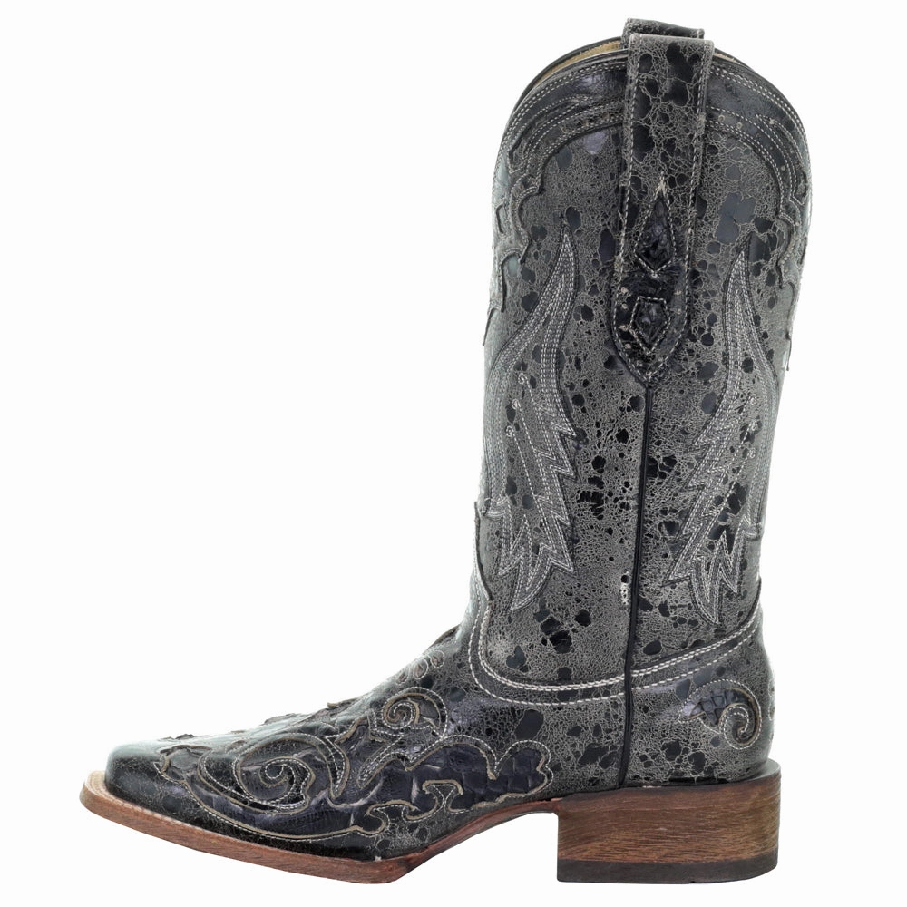 Waterproof Upper Distressed Embroidered Snake Square Toe Pull On Cowboy Boots