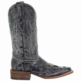Distressed Embroidered Snake Square Toe Pull On Cowboy Boots Low Profile Rough Terrain