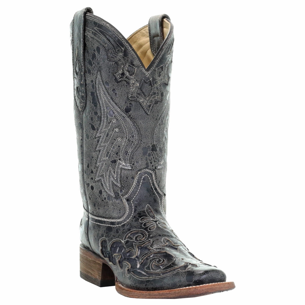 Distressed Embroidered Snake Square Toe Pull On Cowboy Boots All Weather Functional Minimalist