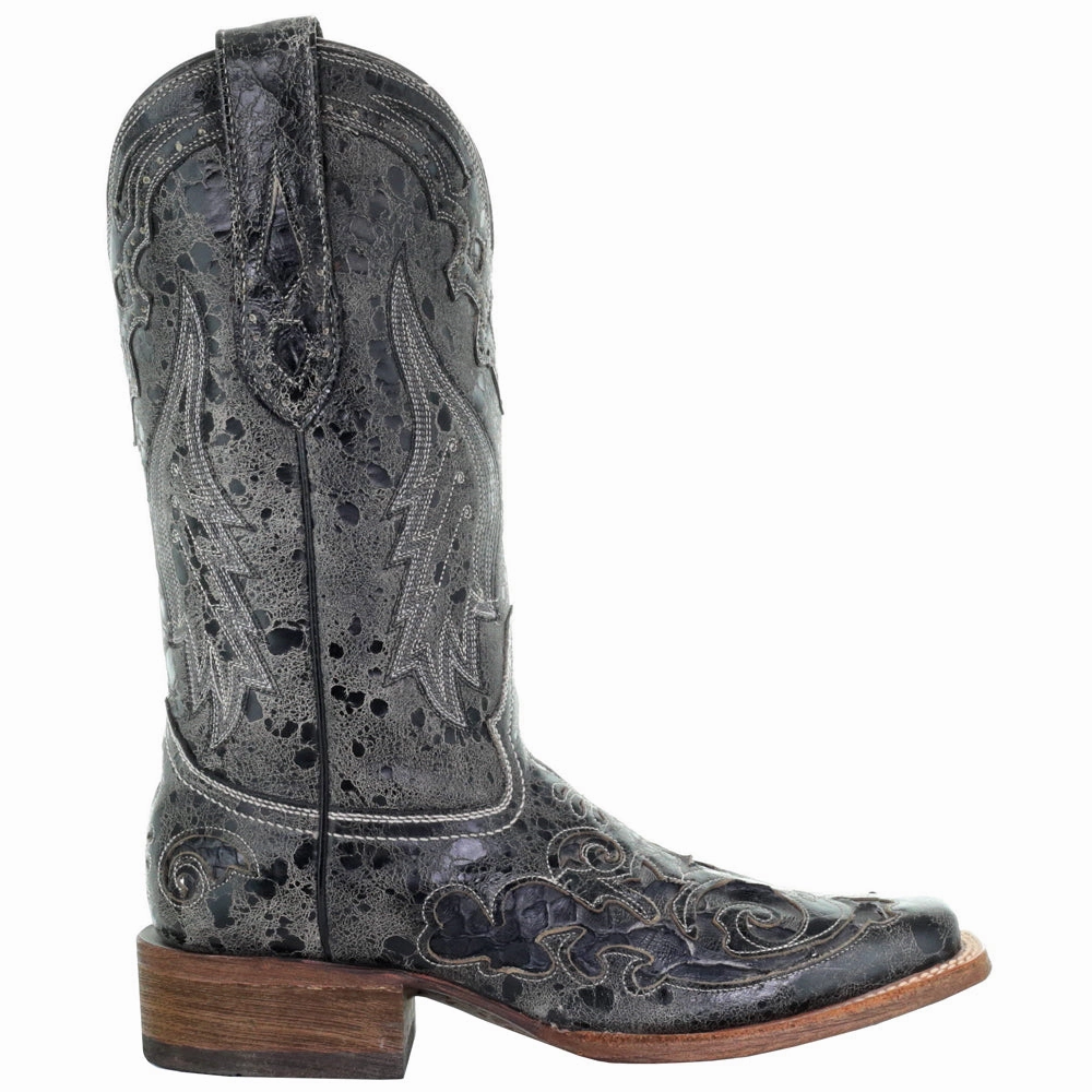 Distressed Embroidered Snake Square Toe Pull On Cowboy Boots Low Profile Rough Terrain