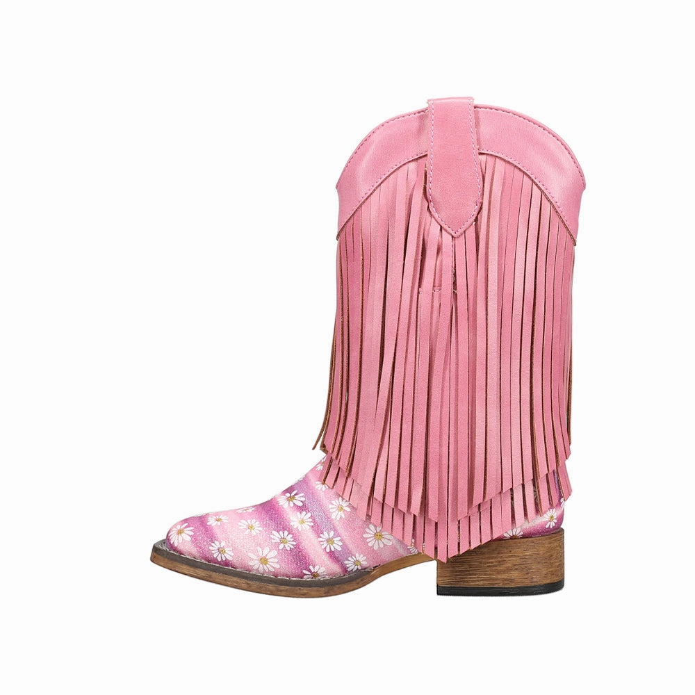 Waterproof Morning Walk Brave Path Double Fringe Glitter Metallic Square Toe Cowboy Boots (Little Kid)
