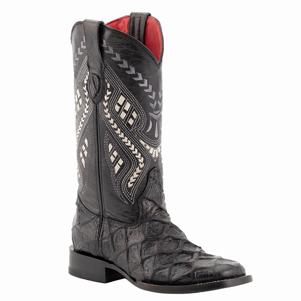 Bronco Pirarucu Print Embroidered Square Toe Cowboy Boots Minimal Weight Shock Absorbing Technology