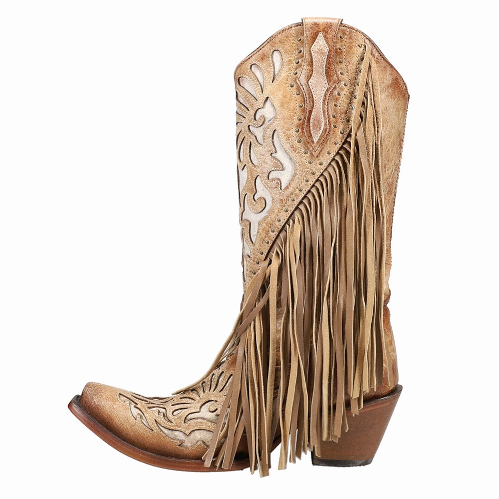 City Trek Lamb Studded Embroidered Fringe Snip Toe Cowboy Boots