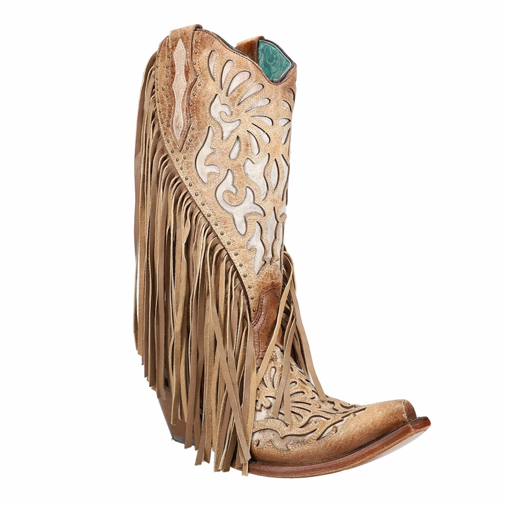 Fall Ready Lamb Studded Embroidered Fringe Snip Toe Cowboy Boots