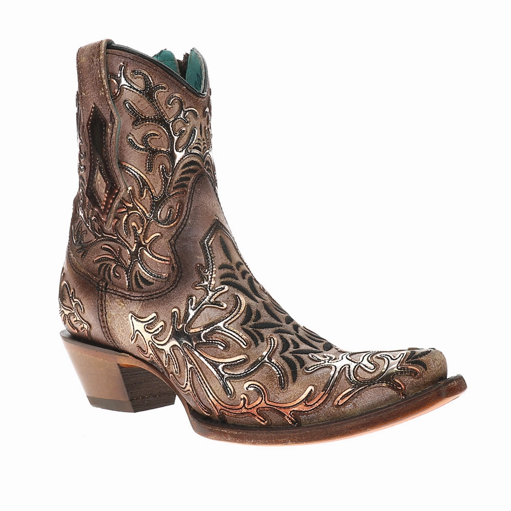 Quiet Sole Embroidered Metallic Snip Toe Zippered Cowboy Booties