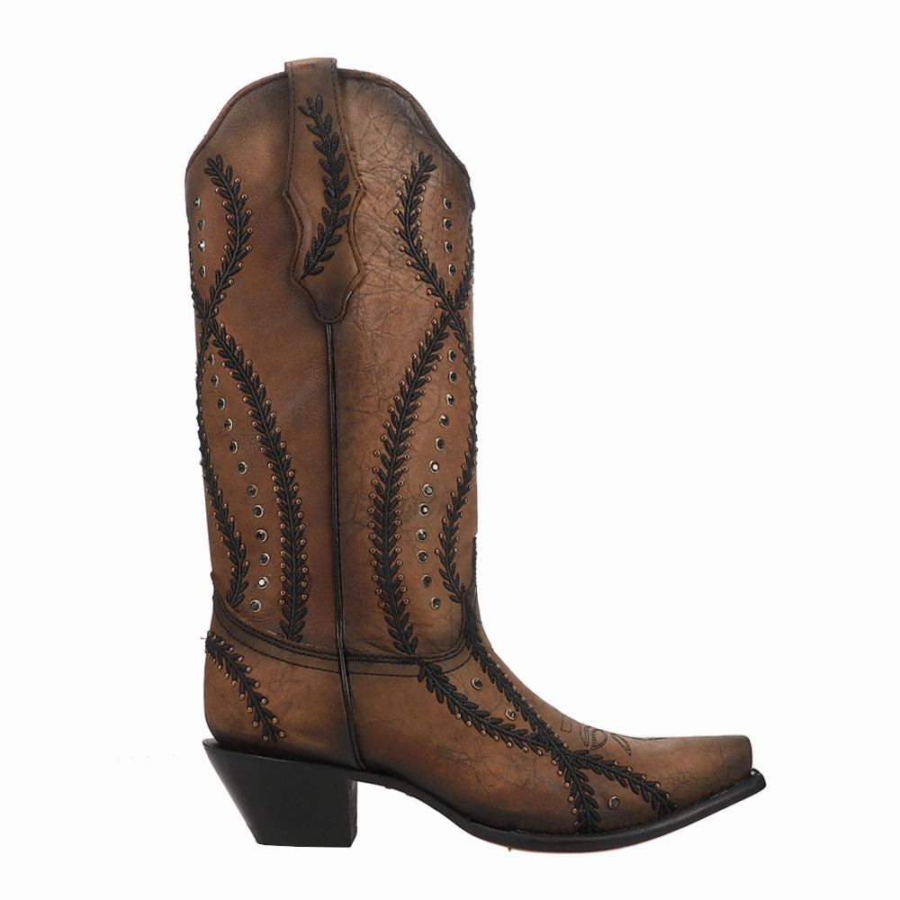 Quality Sole Low Profile Snowy Path Embroidered Studded Snip Toe Pull On Cowboy Boots