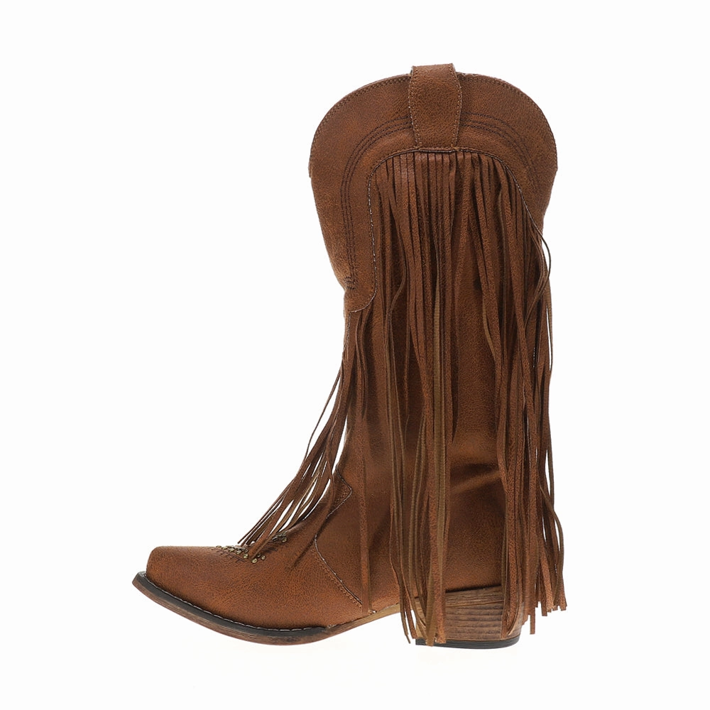 Mixed Textures Dolly Fringe Studded Snip Toe Pull On Cowboy Boots