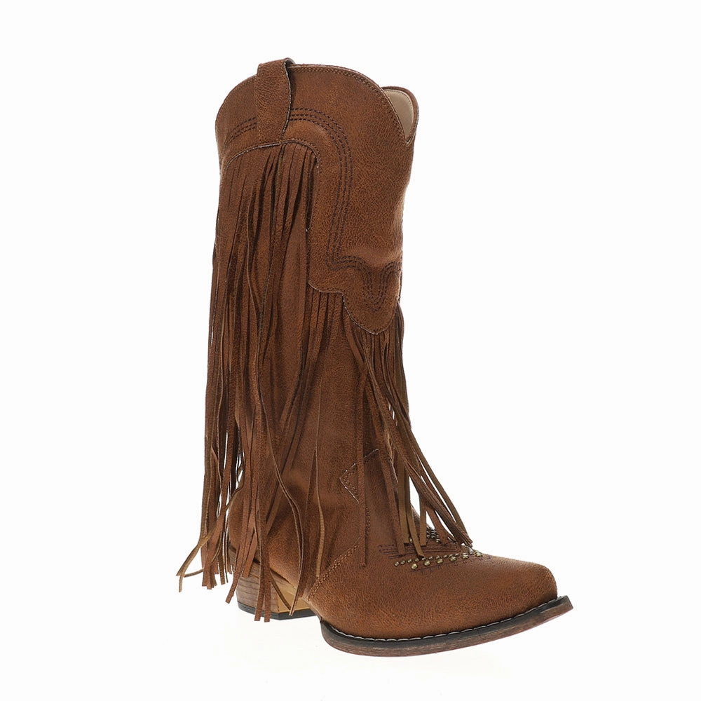 Ultra Comfort Breathable Upper Dolly Fringe Studded Snip Toe Pull On Cowboy Boots
