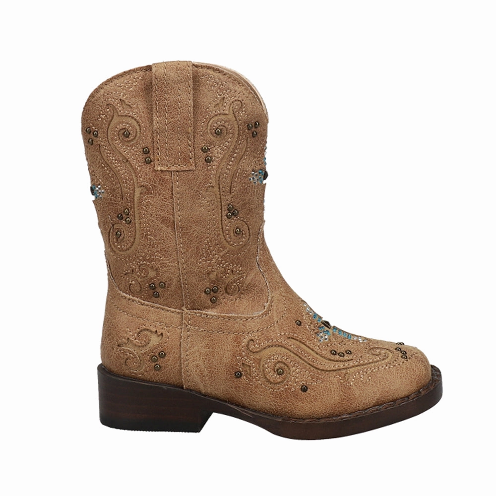 Leopard Tone Smooth Form Faith Rhinestone Inlay Square Toe Cowboy Boots (Toddler)