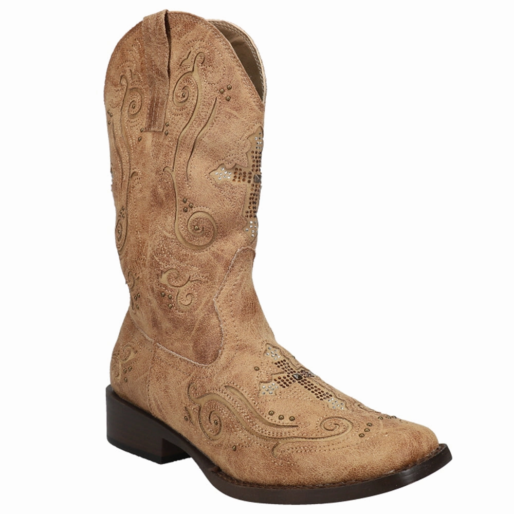 Faith Rhinestone Square Toe Cowboy Boots Stable Support Rainy Days