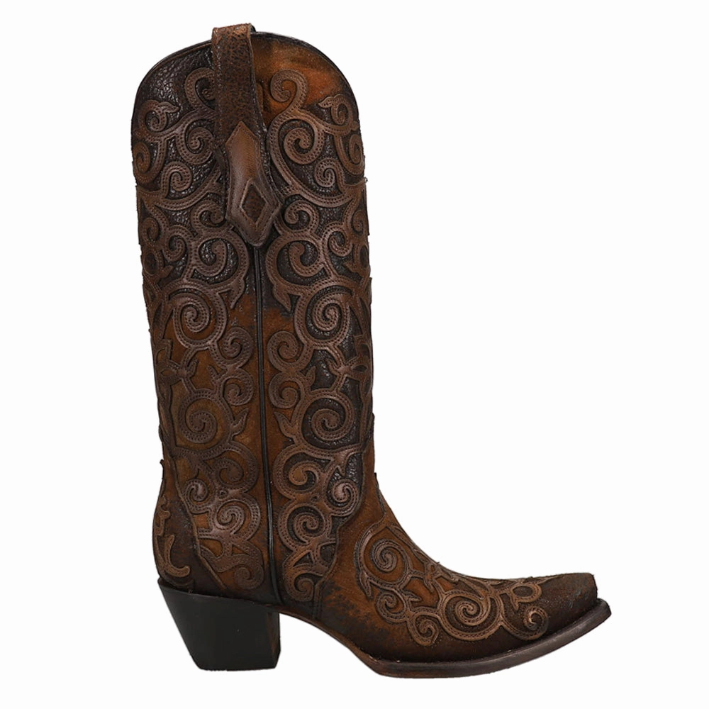 TPU Outsole Chocolate Lamb Tooled Inlay Snip Toe Cowboy Boots