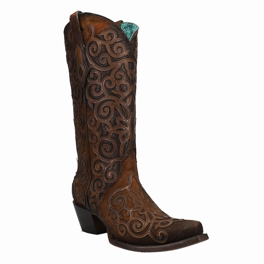 Chocolate Lamb Tooled Inlay Snip Toe Cowboy Boots Cushioned Step Night Travel Stretchable