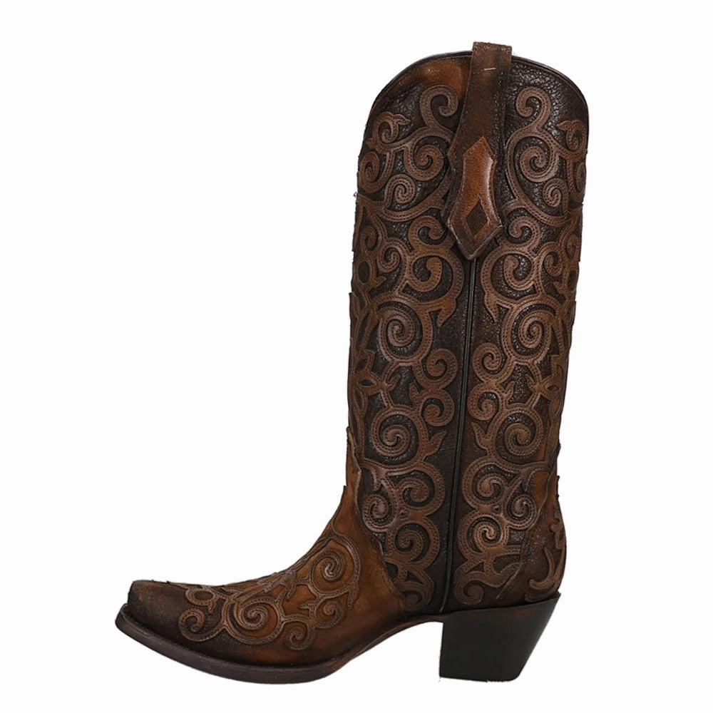 Chocolate Lamb Tooled Inlay Snip Toe Cowboy Boots Good Grip