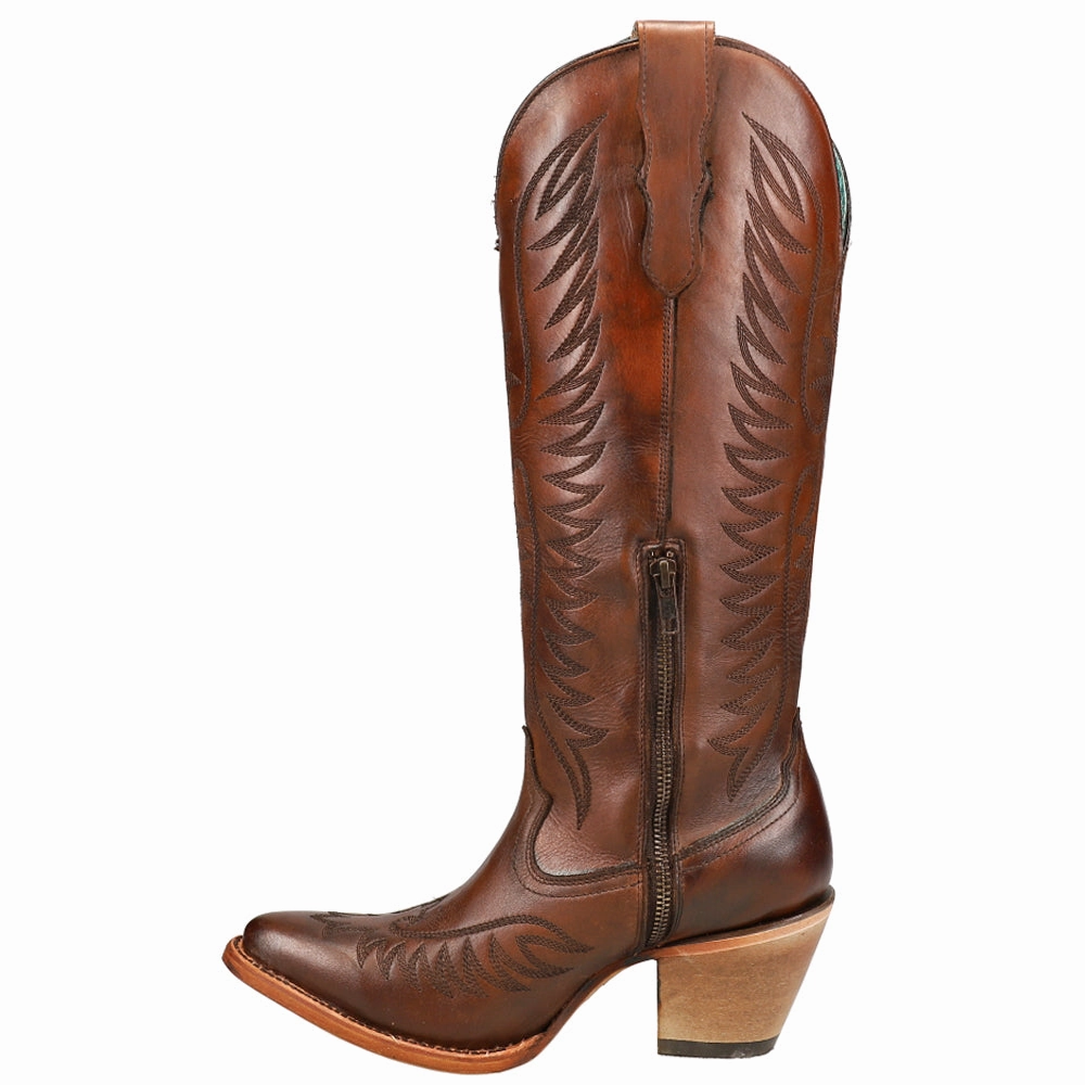 Low Rise Cognac Embroidered Snip Toe Cowboy Boots