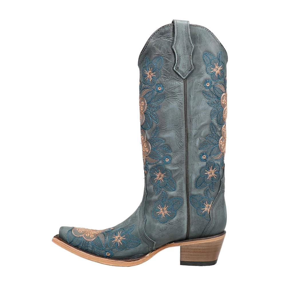 Floral Embroidered Snip Toe Pull On Cowboy Boots Seamless Comfort Trail Exploration Rugged Look