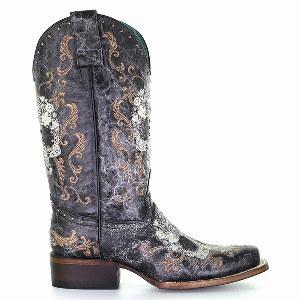 Eco Material Rough Trail Hiker Floral Embroidered Studded Snip Toe Cowboy Boots
