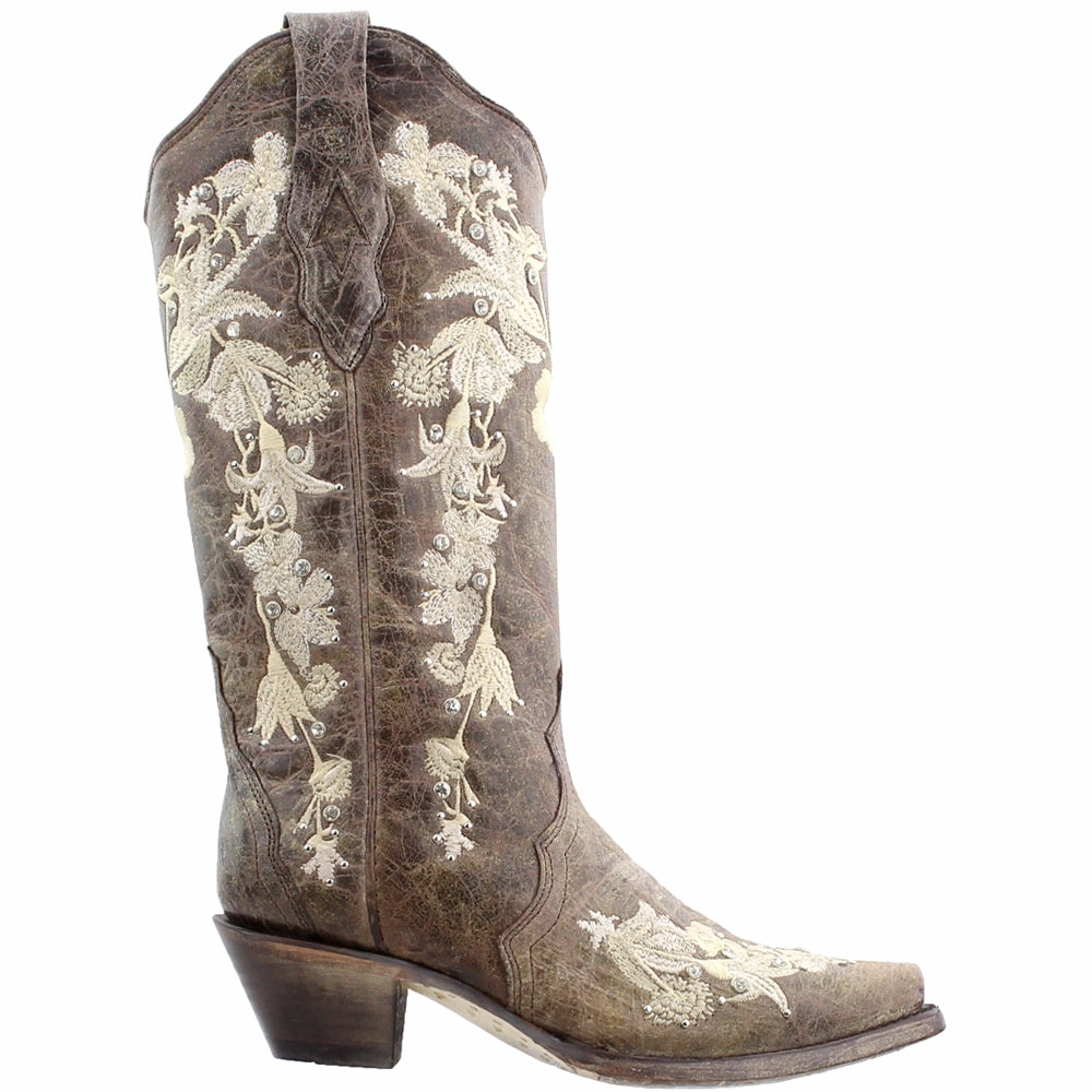 Floral Rhinestone Embroidered Snip Toe Cowboy Boots Protective Cushioning
