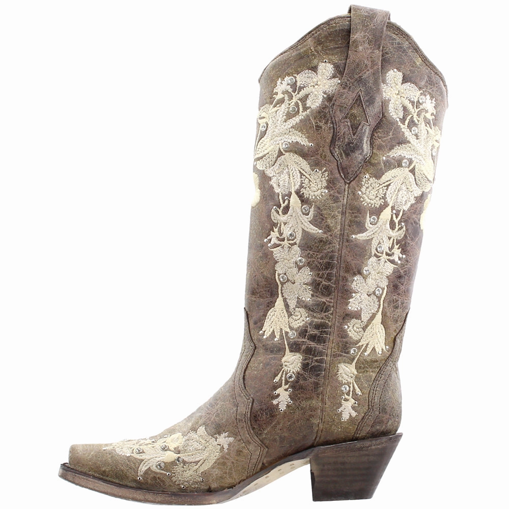 Floral Rhinestone Embroidered Snip Toe Cowboy Boots Odor Resistant Reflective accents