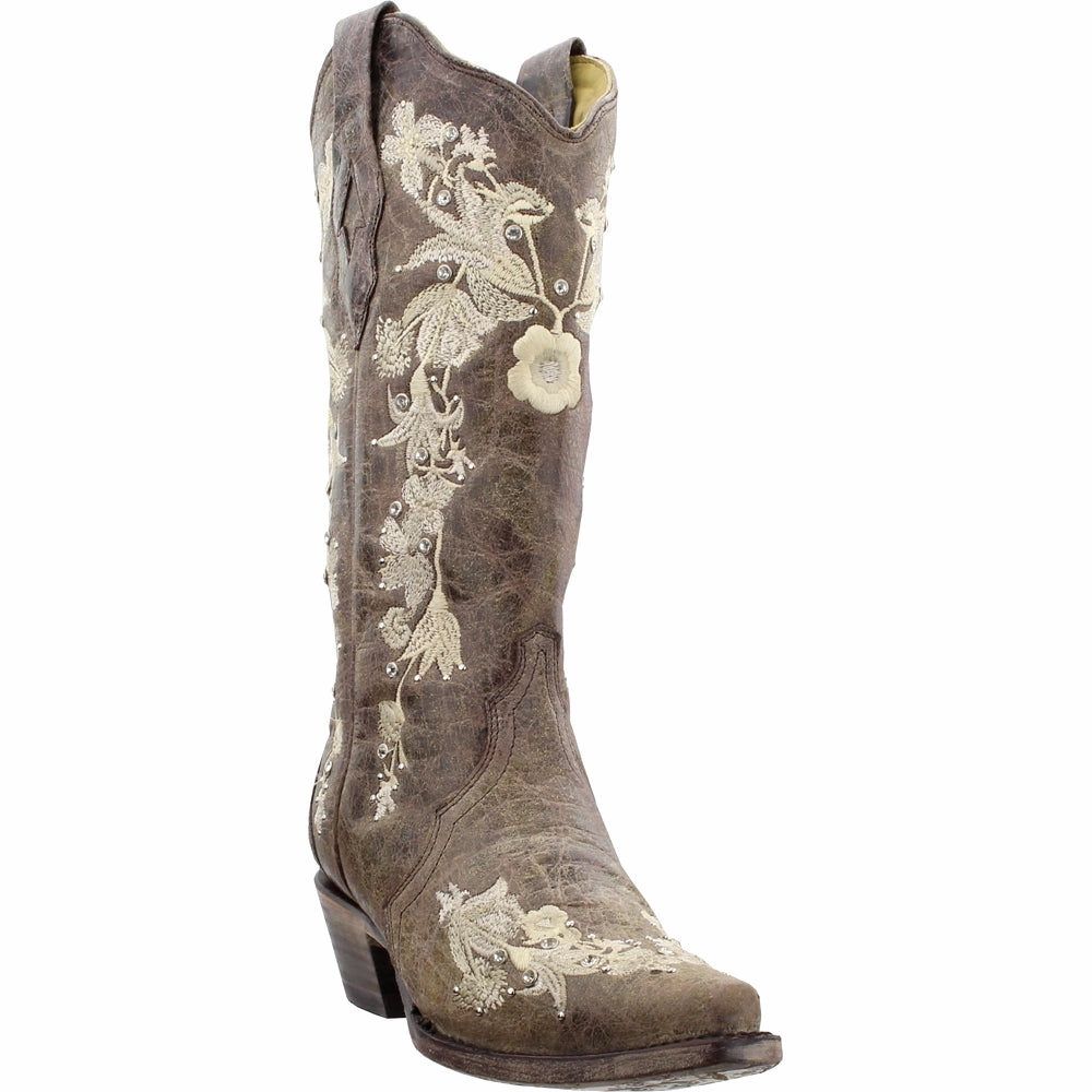 Long Walks Quick Drying Rural Traveler Floral Rhinestone Embroidered Snip Toe Cowboy Boots