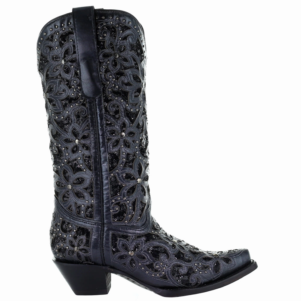 Abrasion   Resistant Stable Support Rural Traveler Floral Studded Rhinestones Sequins Tooled Inlay Snip Toe Cowboy Boots