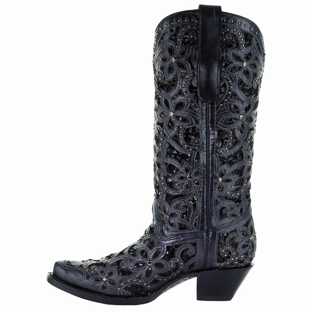 Floral Studded Rhinestones Sequins Tooled Inlay Snip Toe Cowboy Boots Anti Odor Weekend Camping Comfort Lining Comfort Seeker