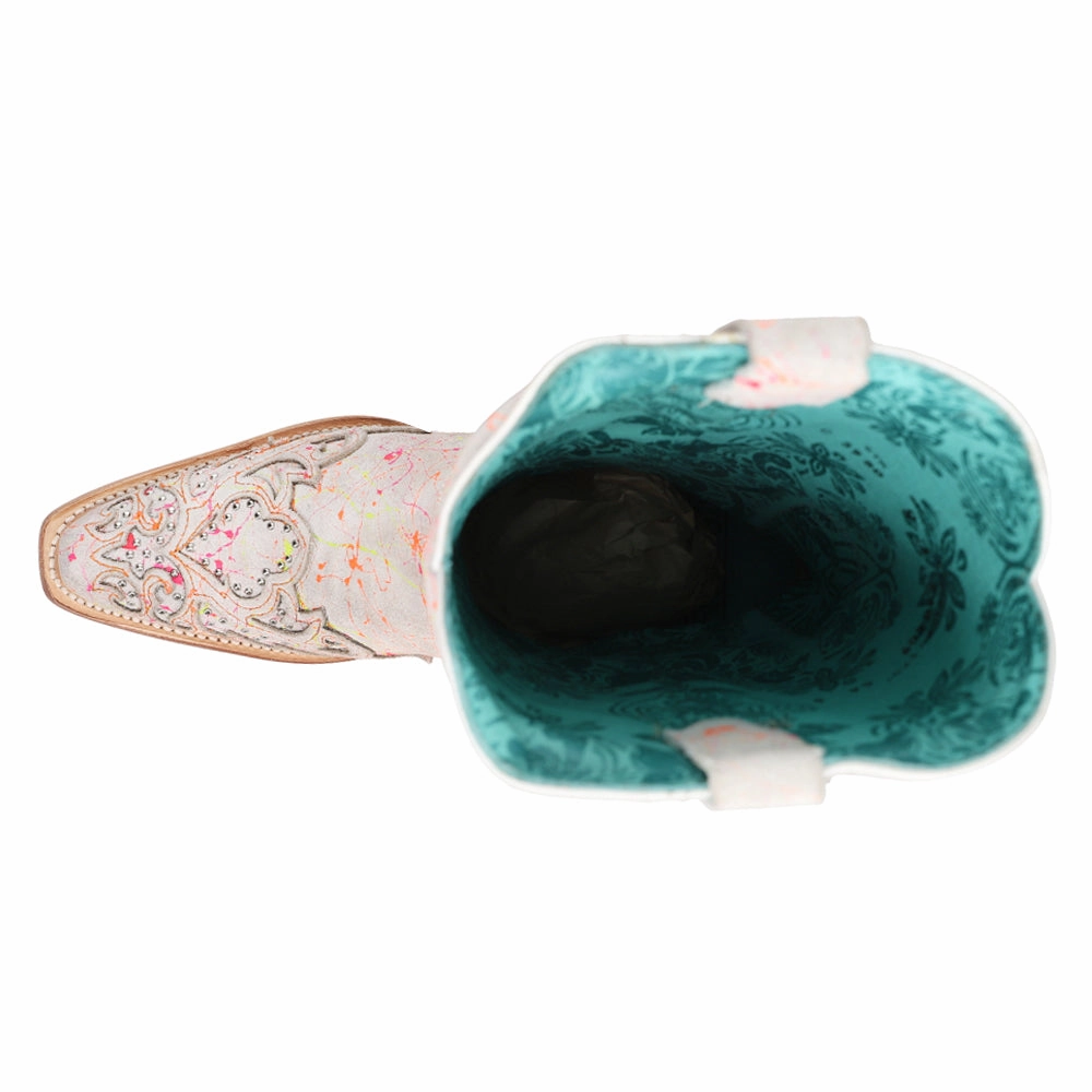 Fluorescent Embroidered Tooled Inlay Studded Snip Toe Cowboy Boots Cushion Zone