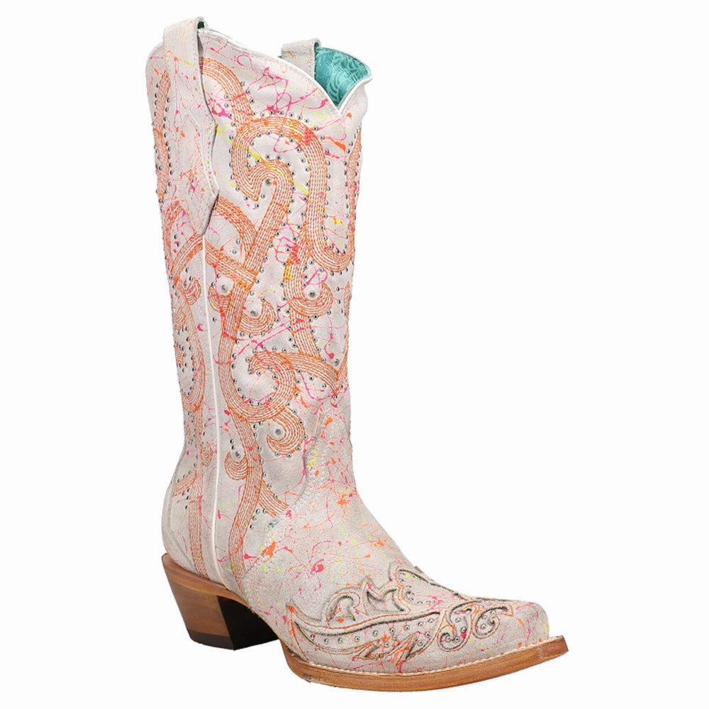 Fluorescent Embroidered Tooled Inlay Studded Snip Toe Cowboy Boots Thick Grip Anti microbial