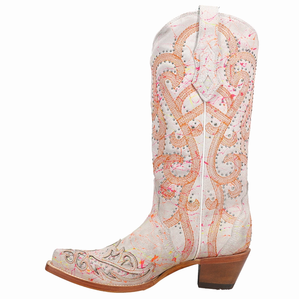 Fluorescent Embroidered Tooled Inlay Studded Snip Toe Cowboy Boots Neutral Foot Alignment Model