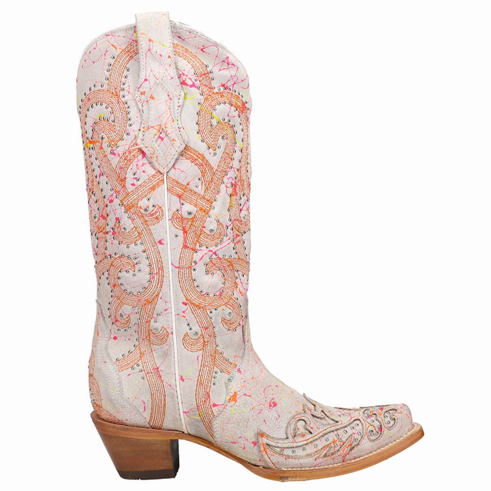 Biker Tough Fluorescent Embroidered Tooled Inlay Studded Snip Toe Cowboy Boots