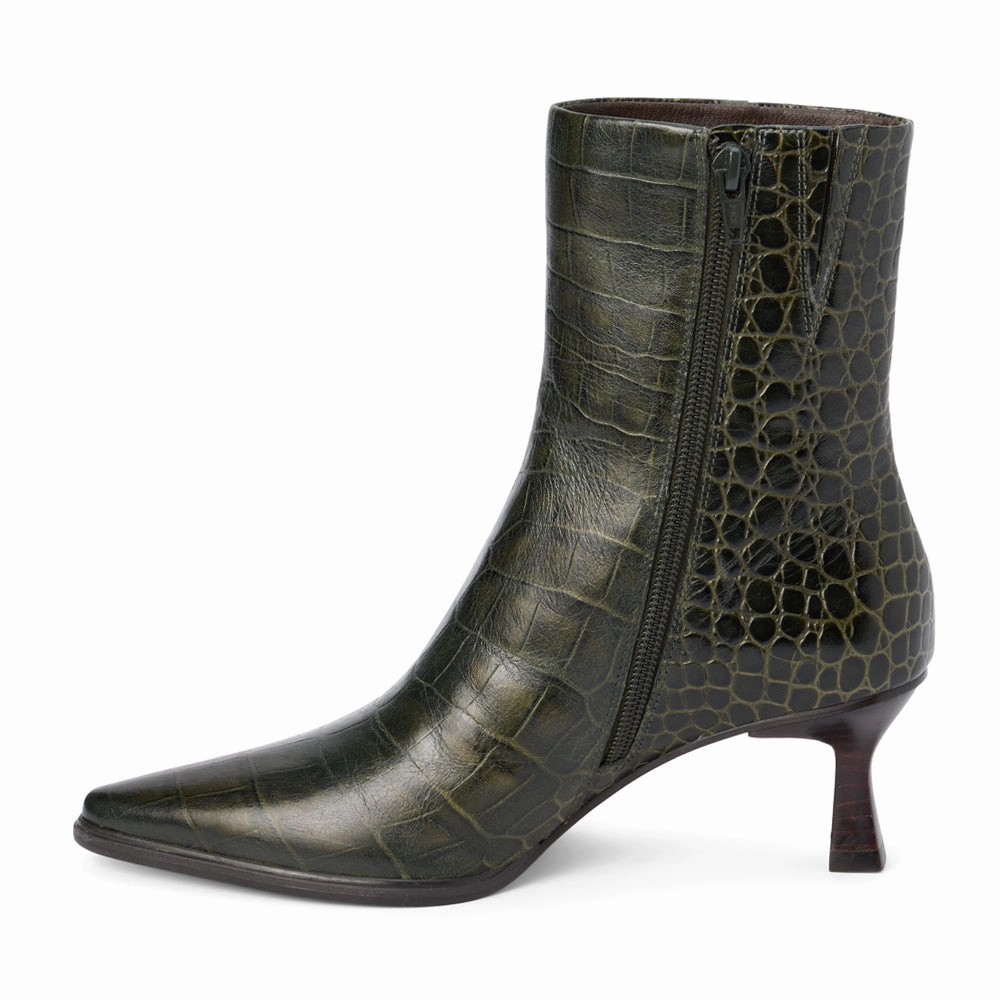 Padded Tongue Gabbie Croc Embossed Pointed Toe Zippered Booties