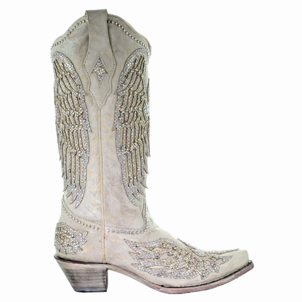Glitter Cross and Wings Snip Toe Cowboy Boots Flexible Frame Rough Terrain Compression Molded Midsole