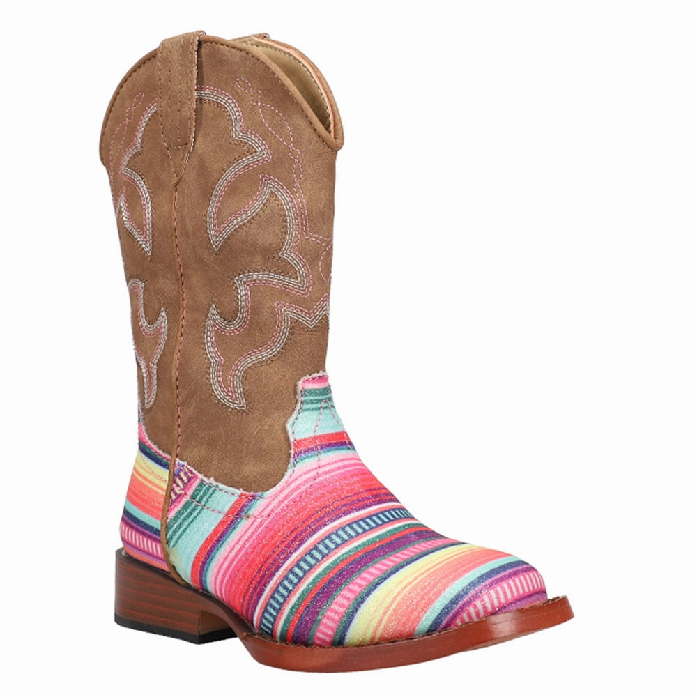 Comfortable Sockliner Ventilated Footbed Glitter Serape Striped Embroidered Square Toe Cowboy Boots (Youth)