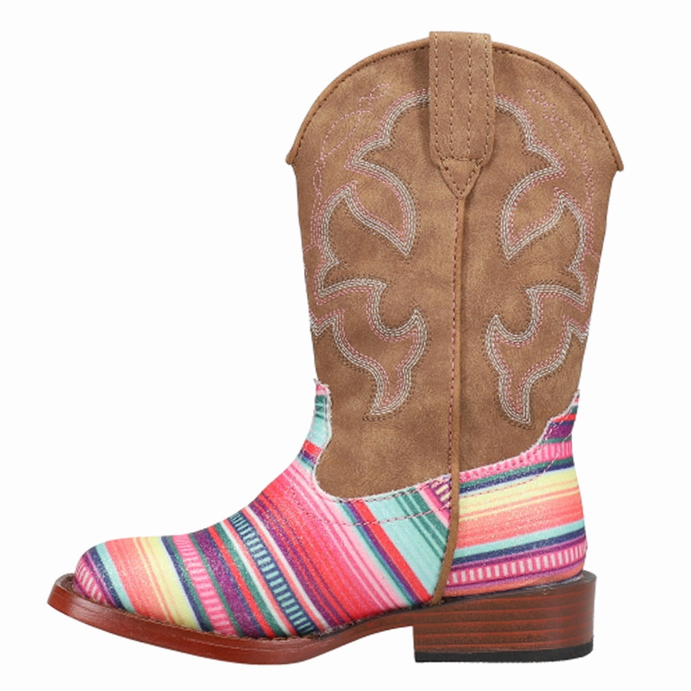 Glitter Serape Striped Embroidered Square Toe Cowboy Boots (Youth) Eco Material Snowy Path