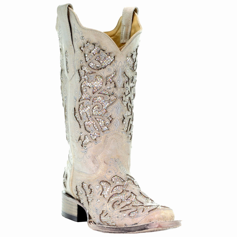 Glitter Studded Tooled Inlay Square Toe Pull On Cowboy Boots Insulated Cold Weather Commuter Pull On Style
