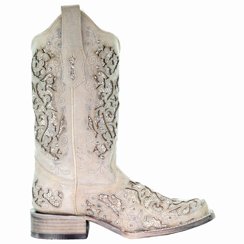 Glitter Studded Tooled Inlay Square Toe Pull On Cowboy Boots Dust Guard Mud Resistant Winter Walker