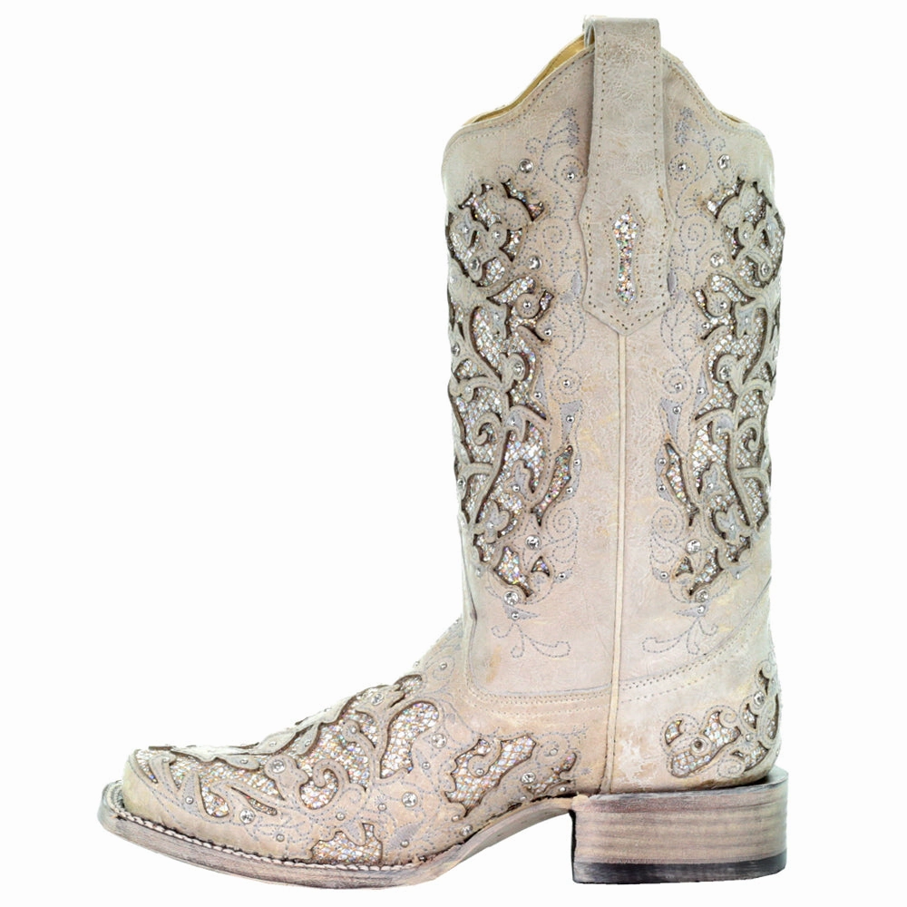 Comfortable Footbed Glitter Studded Tooled Inlay Square Toe Pull On Cowboy Boots