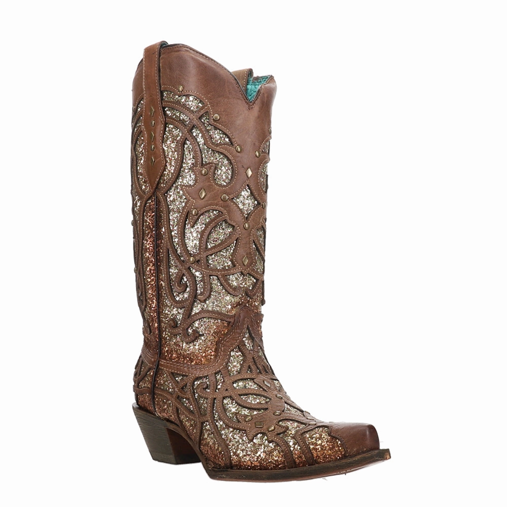 Warm Core Glitter Tooled Inlay Snip Toe Cowboy Boots