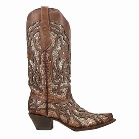Suede Surface Double Stitched Seams Glitter Tooled Inlay Snip Toe Cowboy Boots