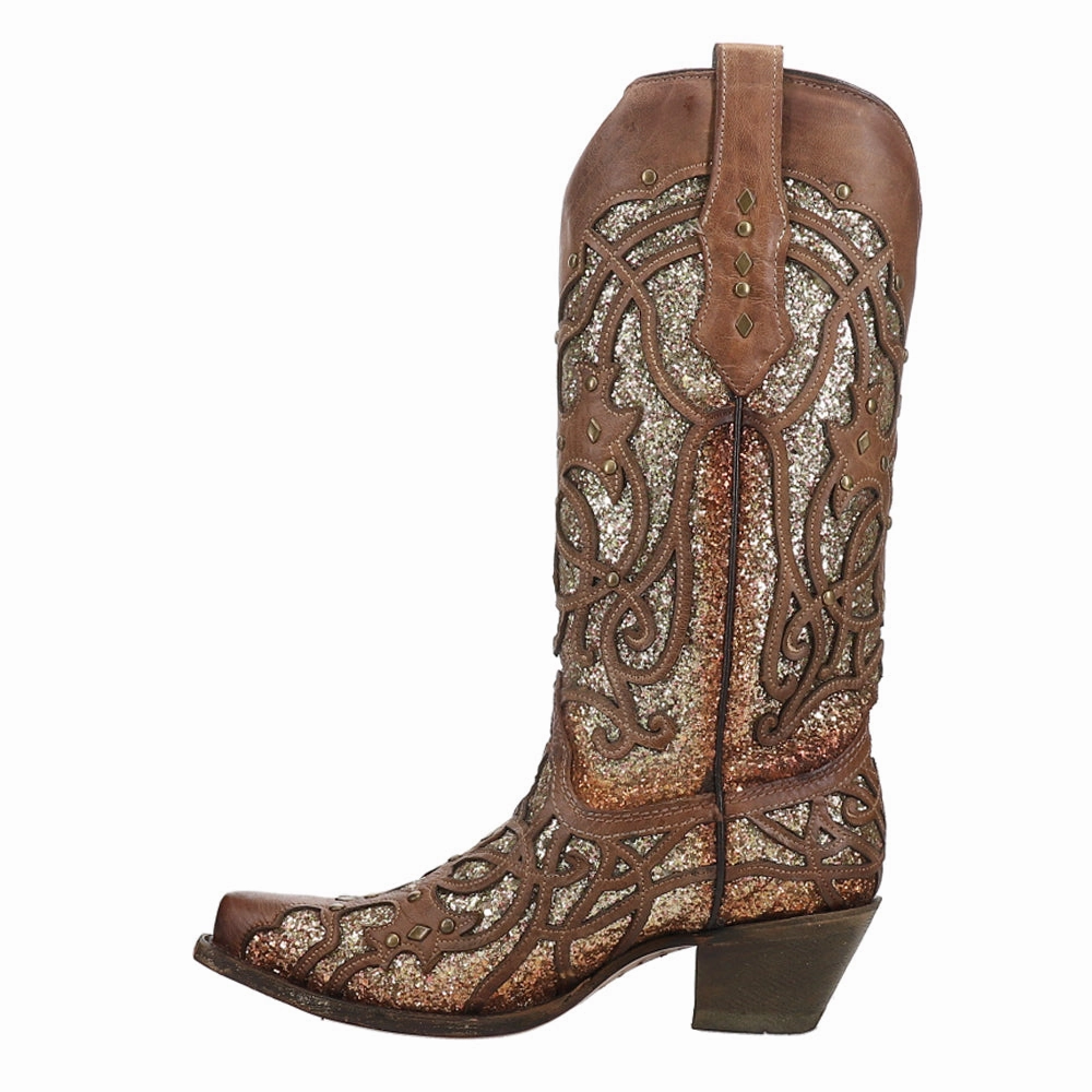 Glitter Tooled Inlay Snip Toe Cowboy Boots packable