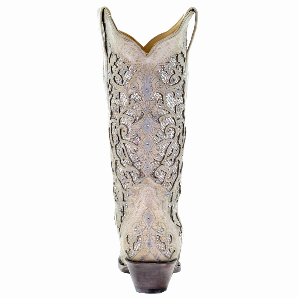 Glitter Tooled Inlay Snip Toe Cowboy Boots Durable Look Shock Absorbing