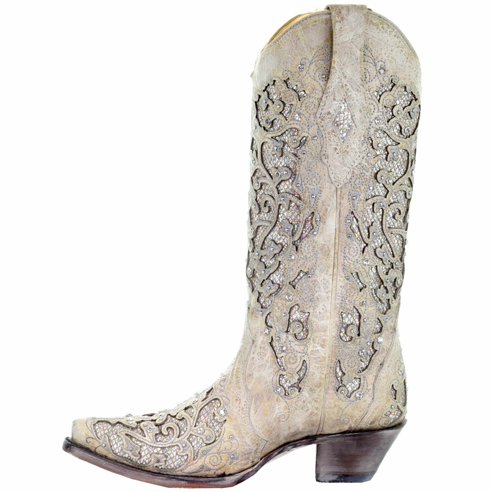 Glitter Tooled Inlay Snip Toe Cowboy Boots Rugged Built Night Travel