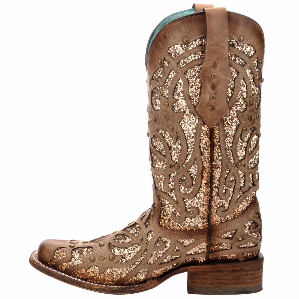 Effortless Look Glitter Tooled Inlay Square Toe Cowboy Boots