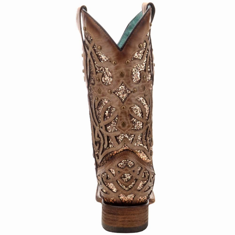 Glitter Tooled Inlay Square Toe Cowboy Boots Comfortable Movement