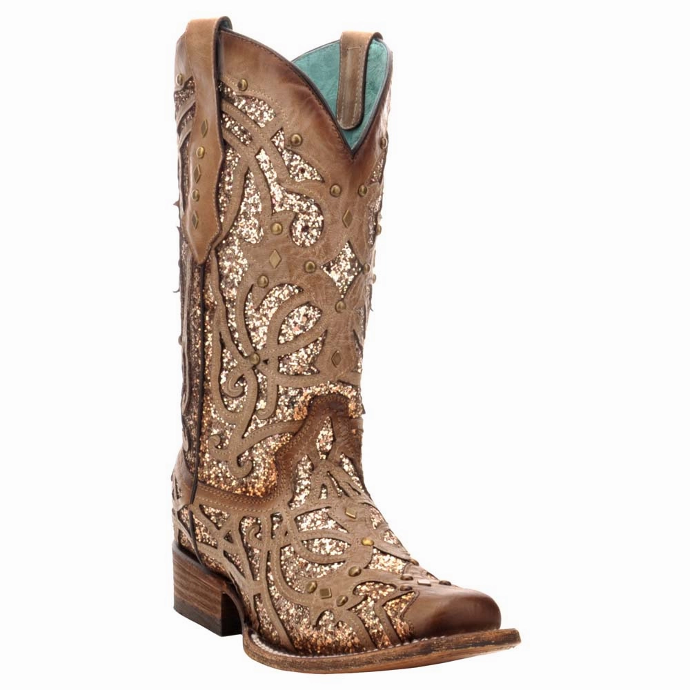 Glitter Tooled Inlay Square Toe Cowboy Boots Quick Drying Stylish Explorer Slip Resistant Daily Walks