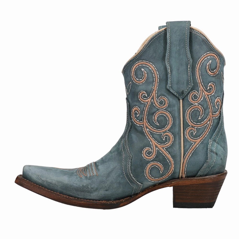 LD Distressed Triad Embroidered Snip Toe Pull On Cowboy Booties Reinforced Seams