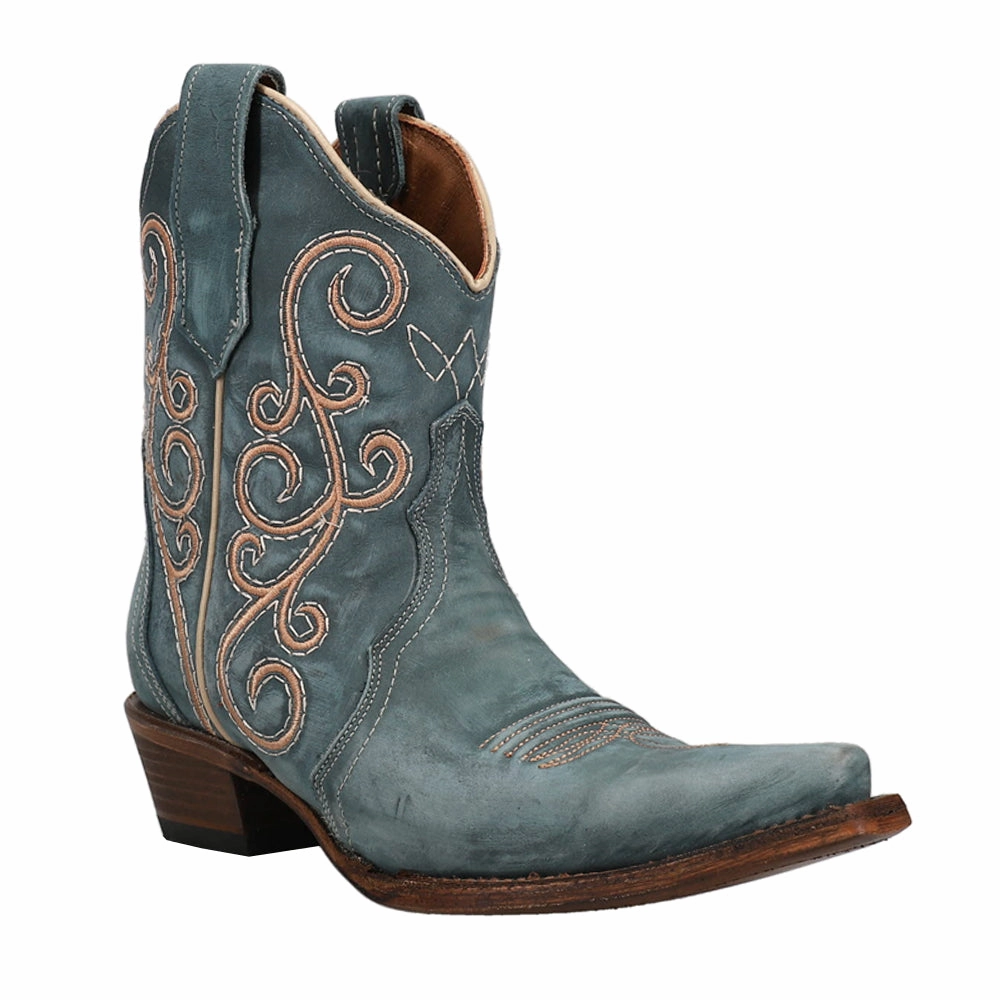 LD Distressed Triad Embroidered Snip Toe Pull On Cowboy Booties waterproof