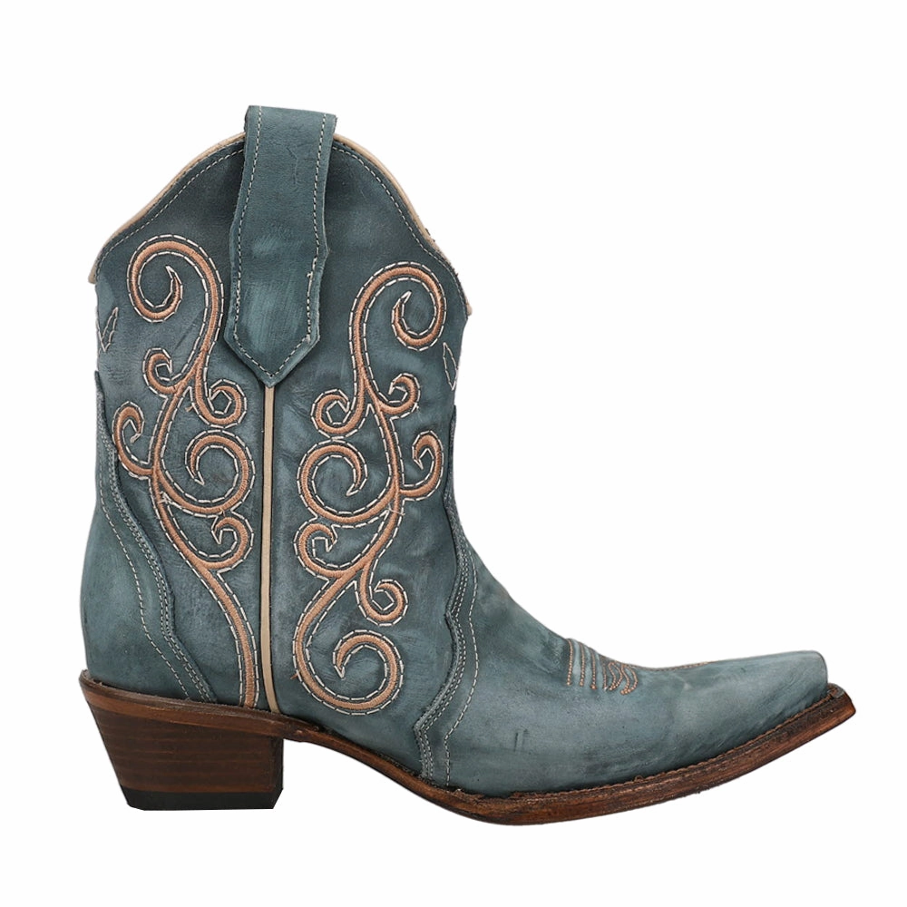 LD Distressed Triad Embroidered Snip Toe Pull On Cowboy Booties packable Compression Resistant Collar