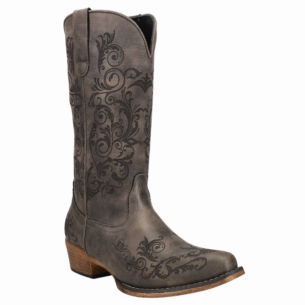 Tall Stuff Embroidery Round Toe Cowboy Boots Stability Base Flexible Frame Work Commute
