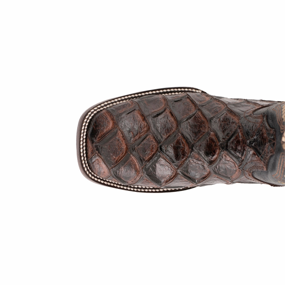 Brogue Detail Bronco Pirarucu Print Embroidered Square Toe Cowboy Boots